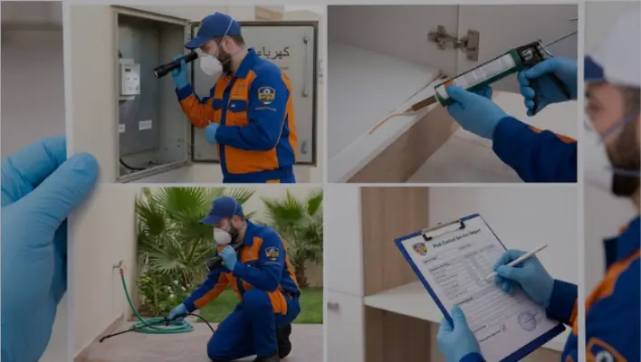 A collage of a Prime Pest technician, as seen in image_0.png, performing four parts of a comprehensive Annual Maintenance Contract (AMC) service in an Al Ain villa: inspection, baiting, exterior spraying, and reporting.