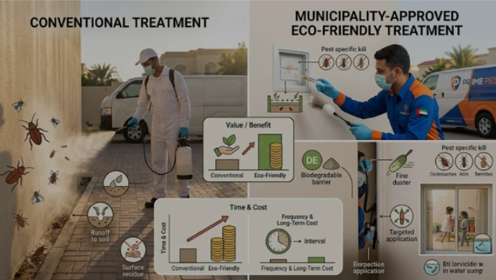 Side-by-side infographic comparing standard chemical spraying with Prime Pest UAE’s municipality-approved eco-friendly treatments, featuring a cost-benefit analysis chart and specific organic target methods.