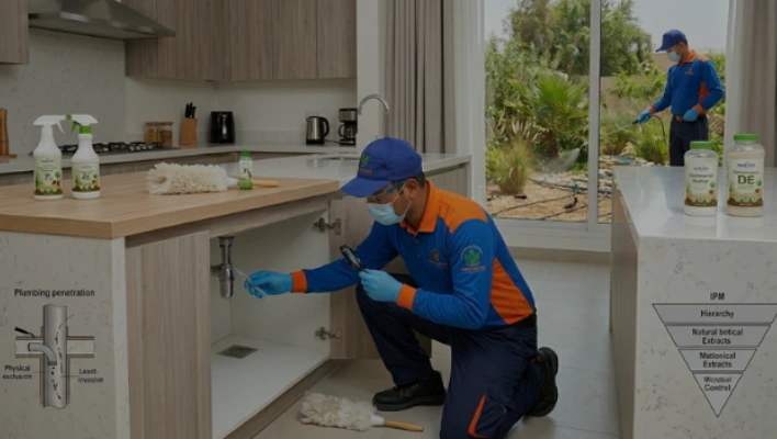 A Prime Pest UAE technician applies indoor eco-friendly treatment under a kitchen counter next to organic spray bottles, while an outdoor perimeter application is visible through the window.