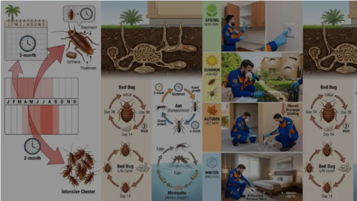 A detailed collage illustrating Al Ain's seasonal pest control cycles for termites, cockroaches, ants, bed bugs, and mosquitoes, with visual guides and technician application shots.