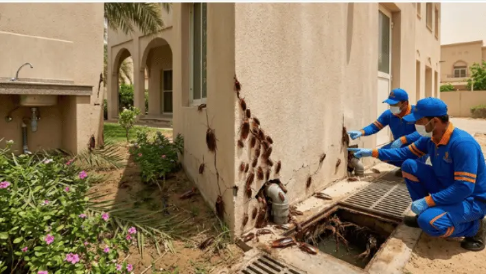 Prime Pest UAE technicians treating a heavy cockroach infestation at a cracked Al Ain villa foundation with shared drainage.
