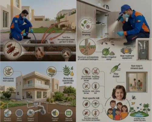 Side-by-side comparison of conventional synthetic spray and municipality-approved eco-friendly IPM pest control for an Al Ain villa, detailing precise gel baiting and biological targeting of cockroaches, ants, and mosquitoes.