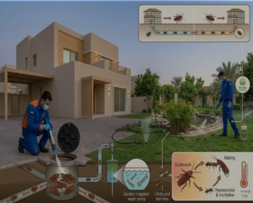 Prime Pest UAE technicians treating an Al Ain villa yard, illustrating subterranean cockroach drainage migration routes, garden irrigation mosquito breeding, and high-temperature reproduction cycles.