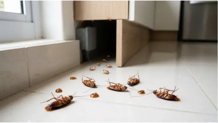 A close-up view of a kitchen floor and baseboards shortly after a pest control treatment. Multiple dead adult cockroaches are visible, scattered on the floor tiles. Near the base of a cabinet, a small cluster of tiny, pale cockroach nymphs (young roaches) are seen emerging from a crevice, illustrating the target of follow-up visits. The environment is clean and professional.