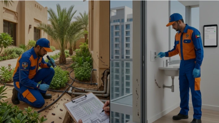 how often should you don pest control in al ain. A split-screen comparison showing a Prime Pest technician in a blue and orange uniform treating a complex Al Ain villa exterior (left) versus a simple Dubai apartment balcony (right).