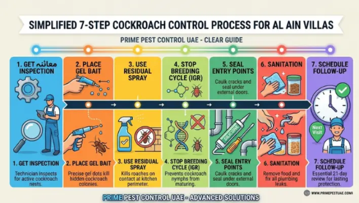 An infographic titled 'Simplified 7-Step Cockroach Control Process for Al Ain Villas' by Prime Pest Control UAE.