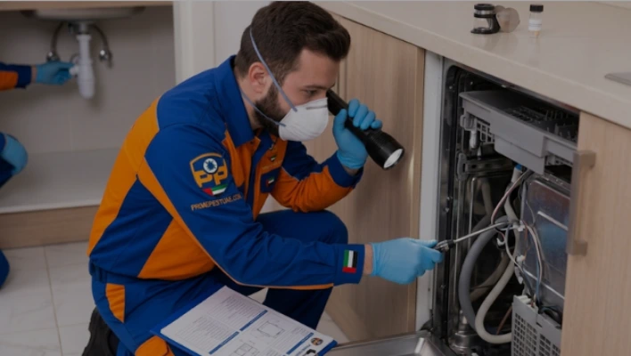 A professional Prime Pest technician in an orange and blue uniform uses a flashlight to thoroughly inspect behind a kitchen dishwasher during an initial home assessment.