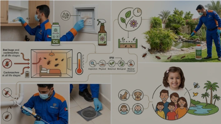 Integrated Pest Management (IPM) infographics from Prime Pest UAE showing botanical, biological, and physical methods, with natural insecticide bottles, gel bait application, heat treatment diagram, and garden mosquito larvicide for a safe Al Ain Garden City oasis.