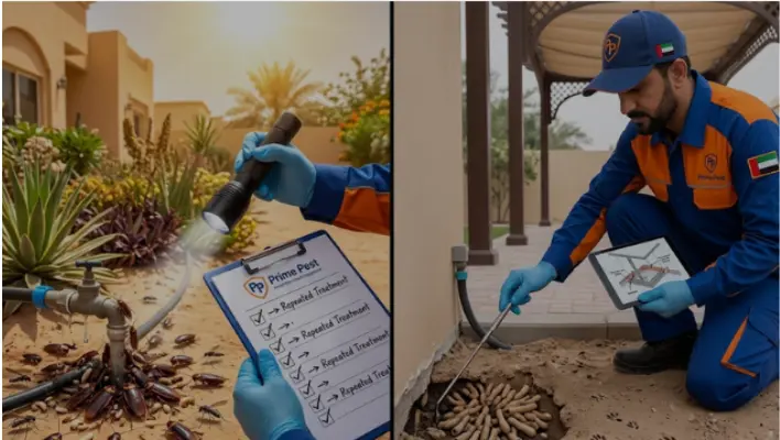 How Often Should You Do Pest Control in Al Ain? (A split-screen comparison showing a Prime Pest summer treatment for cockroaches near a leaky garden pipe (left) versus a winter treatment for underground pest networks at a villa foundation (right)