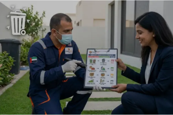 A Prime Pest UAE technician reviews a detailed Sanitation & Habitat Modification Report checklist with a villa owner, illustrating pest prevention steps.