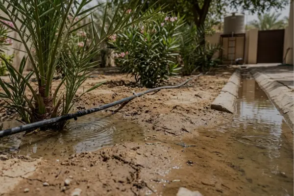 A black drip irrigation pipe flooding soil around small palm trees in an Al Ain villa garden, creating standing water pools handled by Prime Pest UAE.