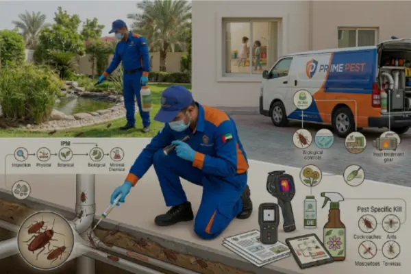 Certified Prime Pest UAE technicians executing professional pest control in Al Ain, featuring thermal inspection gear, eco-friendly IPM flowcharts, and a Ministry-approved service van outside a residential villa.