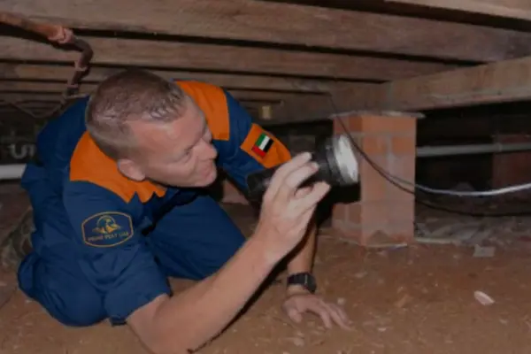Prime Pest UAE technician performs a subterranean crawl space inspection with a flashlight, revealing details of the foundations and rodent pest sources, consistent with modern Integrated Pest Management.