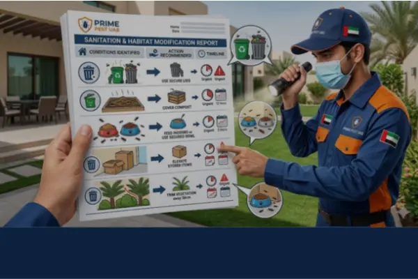 A Prime Pest UAE technician pointing at a detailed Sanitation and Habitat Modification Report detailing villa rodent prevention steps.