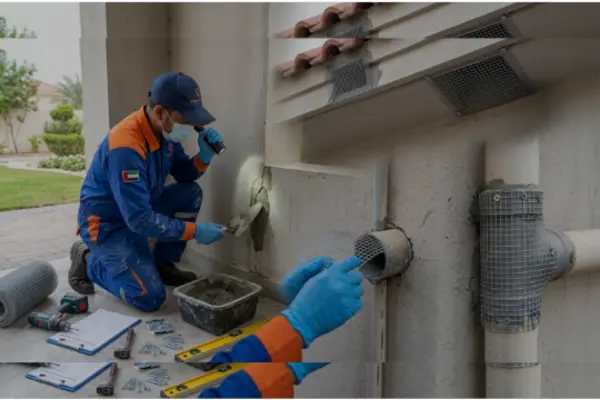 Prime Pest UAE technicians install steel mesh and cement for permanent structural exclusion in a villa, ensuring long-term rodent control.